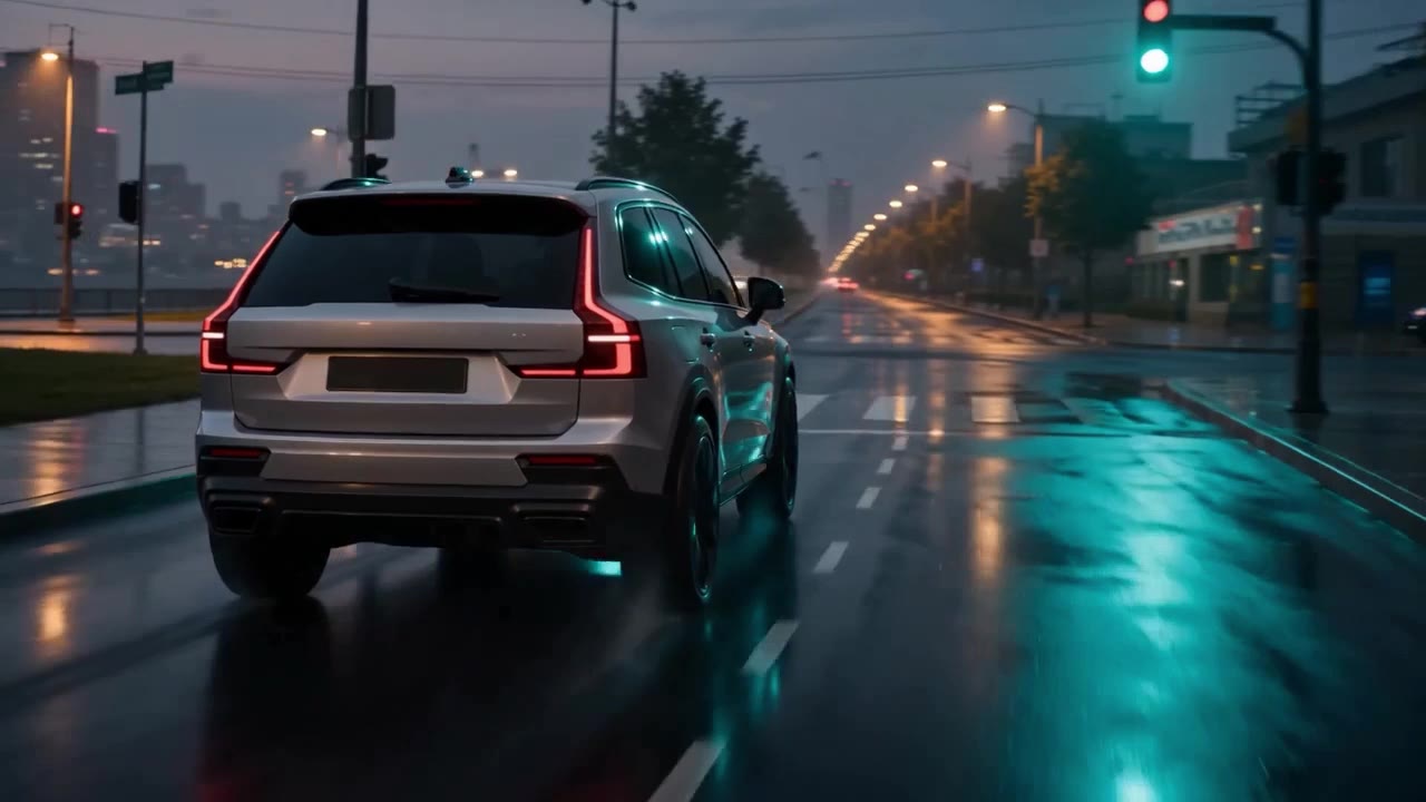 A silver SUV on a wet, neon-lit street at night